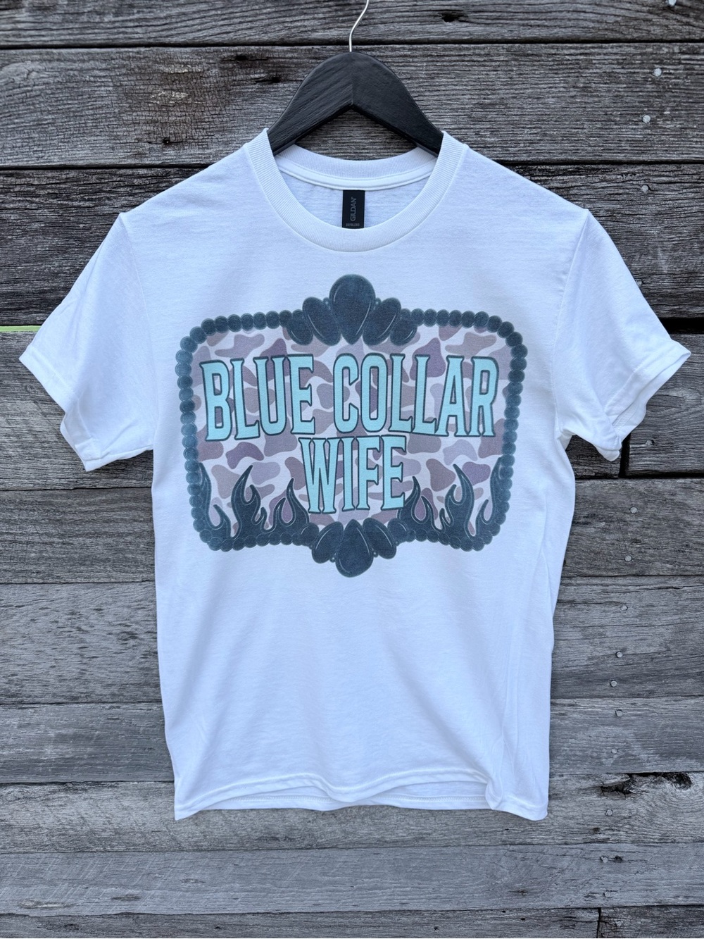 Gildan White Tee with Blue Text and Gray Camo Graphic